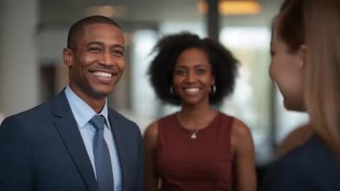 Smiling businessman greeting colleagues in office lobby during professional networking