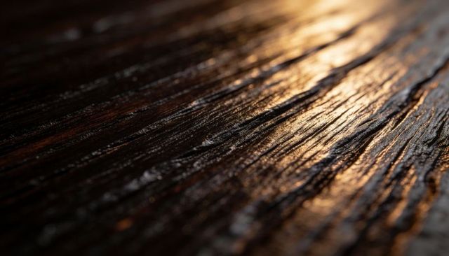 Glistening weathered dark wood plank macro with deep parallel grain and warm sheen texture