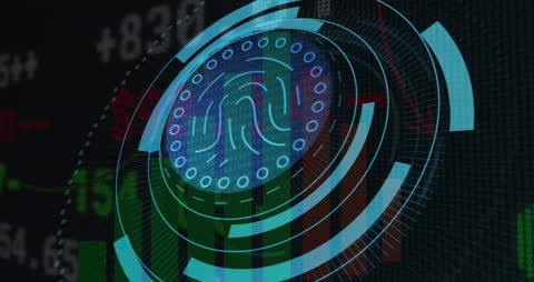 Digital Clock Interface Scanning Financial Data Over Black Background