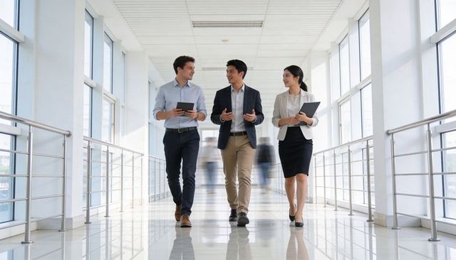 Walking business team collaborating in modern office corridor with tablet and laptop
