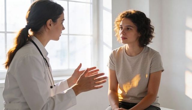 Female physician explaining treatment to young patient in sunlit consultation room