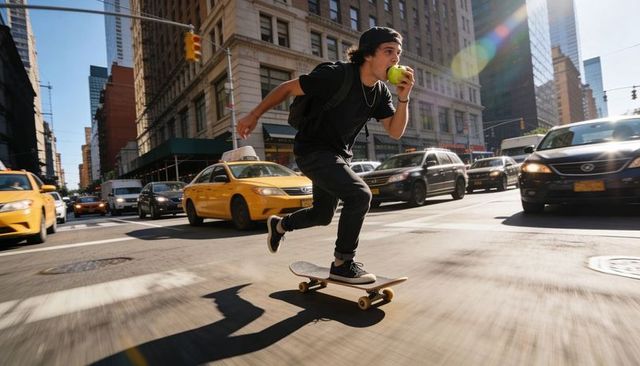 Skateboarding teen riding through busy city crosswalk biting green apple amid taxi traffic
