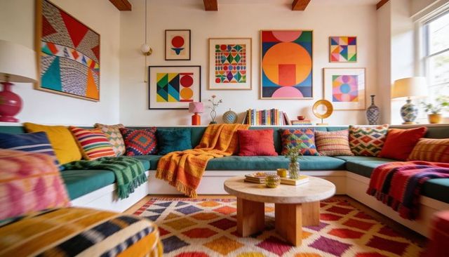 Colorful eclectic living room showcasing built-in teal l-shaped sofa and patterned textiles