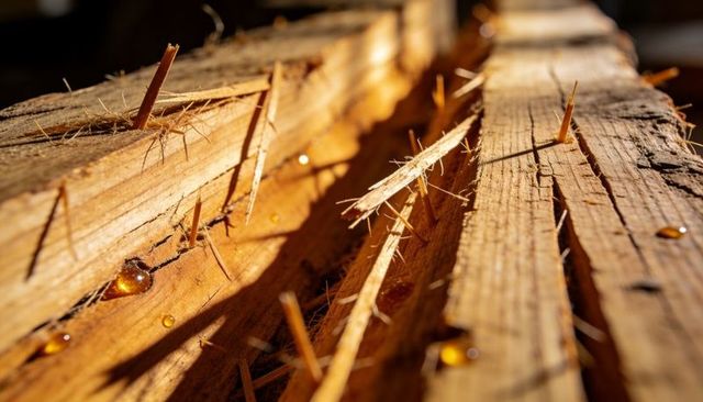 Macro study of split wood plank showing jagged splinters and amber resin droplets