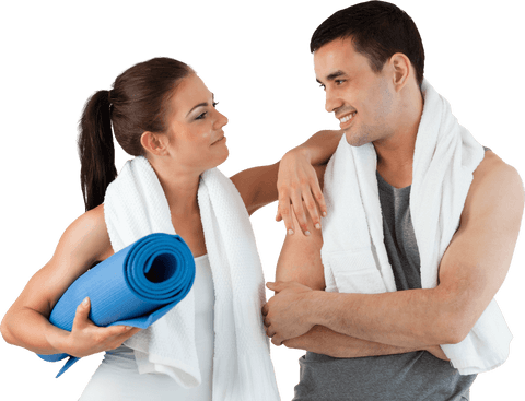 Fit Couple Holding Yoga Accessories on Transparent Background