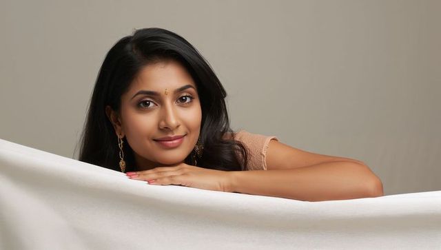 Charming South Asian Female Resting Elegantly with Minimalist Background