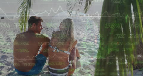 Couple Relaxing on Beach with Digital Finance Elements