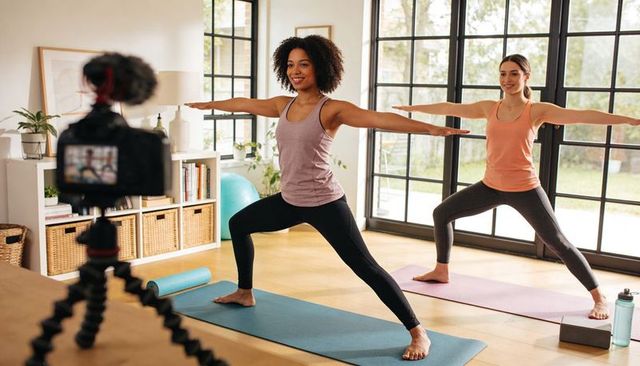 Two women practicing partner yoga at home recorded by camera in light-filled modern studio
