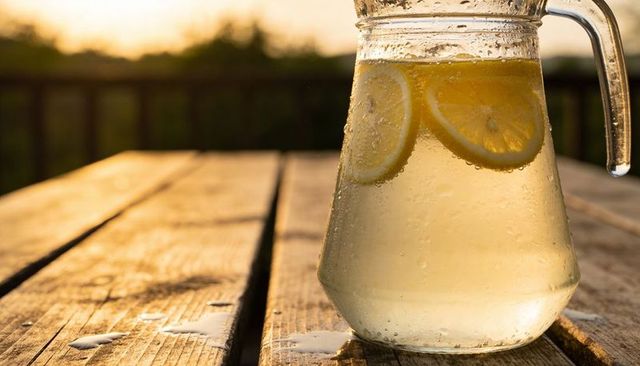 Sunlit lemon water pitcher on rustic wooden table with condensation and lemon slices