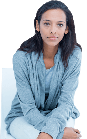 Focused woman in casual attire on transparent background