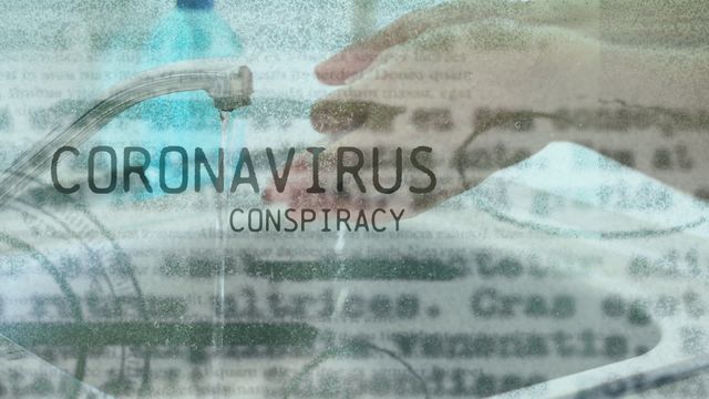 Graphic overlay of coronavirus conspiracy headline on hands washing under faucet emphasizes themes of health and hygiene amid pandemic disinformation. Often used for illustrating misinformation surrounding COVID-19, public health campaigns and the importance of handwashing.