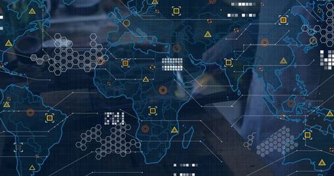 Futuristic digital world map overlaying global network data with hex node clusters
