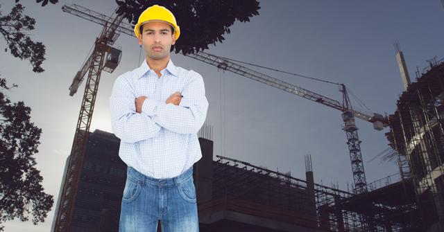Digital composite image of male architecture standing with arms crossed