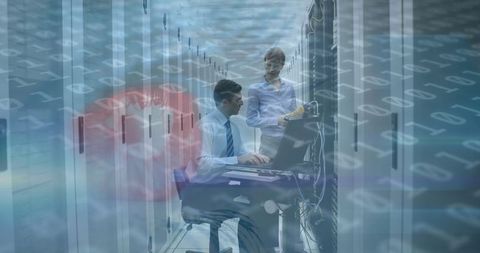 Technicians Managing Data Servers with Digital Overlay