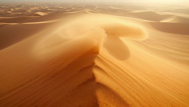 Golden Sand Dunes with Rippling Patterns in Remote Desert at Sunrise
