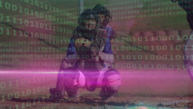 Two diverse female baseball players in protective gear are portrayed with a digital interface overlay, symbolizing the integration of technology in sports. Neon purple and binary code elements highlight the digital theme, while the players focus on game preparation. Ideal for use in content about sports technology, data analytics in sports, women in sports, and combining traditional sports with modern technology.