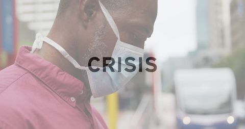 Man wearing face mask in cityscape illustrating global crisis
