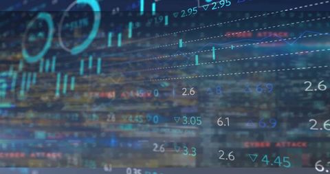 Night city skyline with transparent financial dashboard showing candlestick charts, ticks, lines