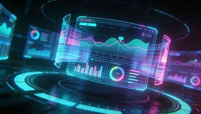 Futuristic Holographic Data Dashboard with Neon UI, 3D Charts and Interactive Analytics