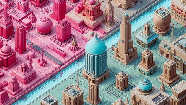 Isometric duotone cityscape featuring turquoise domed tower over canal, low-poly diorama
