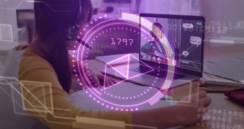 Child learning via online classroom video call with headset