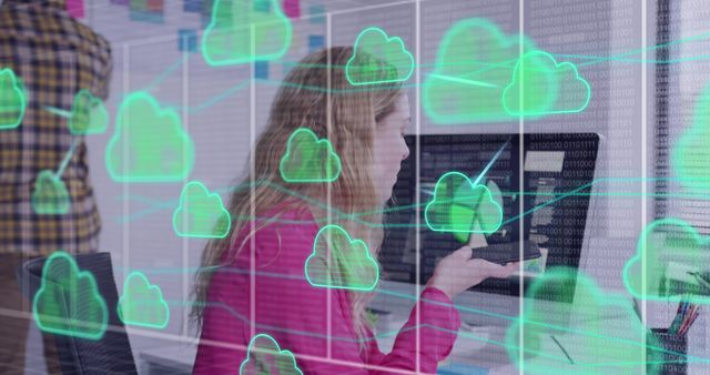 Woman Using Laptop Surrounded by Cloud Computing Symbols Hologram - Download Free Stock Images Pikwizard.com