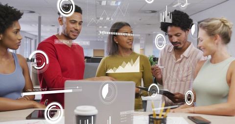 Collaborating around laptop analyzing interactive data dashboards with augmented reality hud