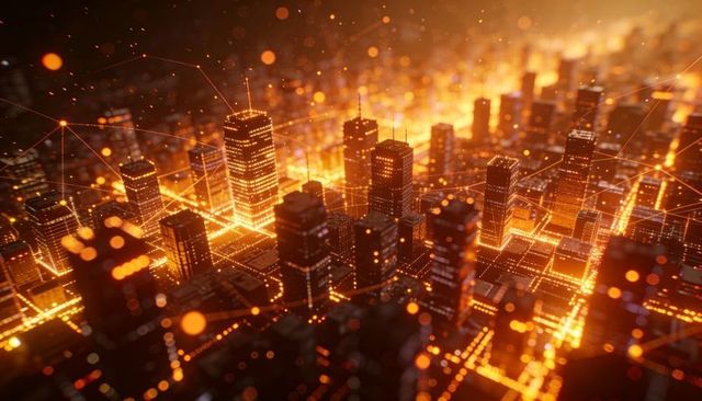 Golden neon smart city grid pulsing with data nodes, connected skyscrapers, network lines