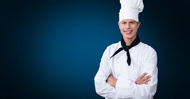 Digital composite image of male chef standing with arms crossed against black background