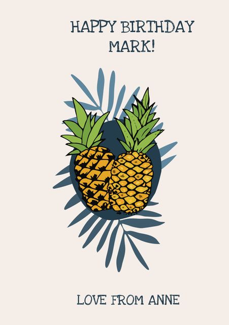 This dynamic birthday card design features two vibrant pineapples surrounded by tropical leaves, perfect for themed celebrations. Suitable for birthdays and other festive occasions, it can be personalized with names and special messages. Ideal for use in birthday parties, themed events, and joyful celebrations.