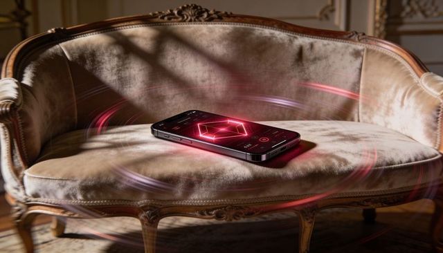 Smartphone displaying neon hexagon resting on vintage velvet settee with glowing light trails