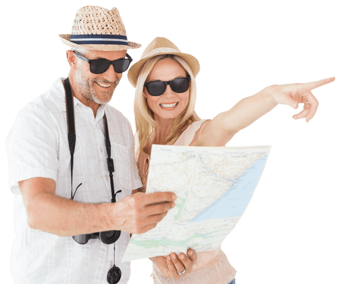 Happy couple exploring with map and pointing in transparent background