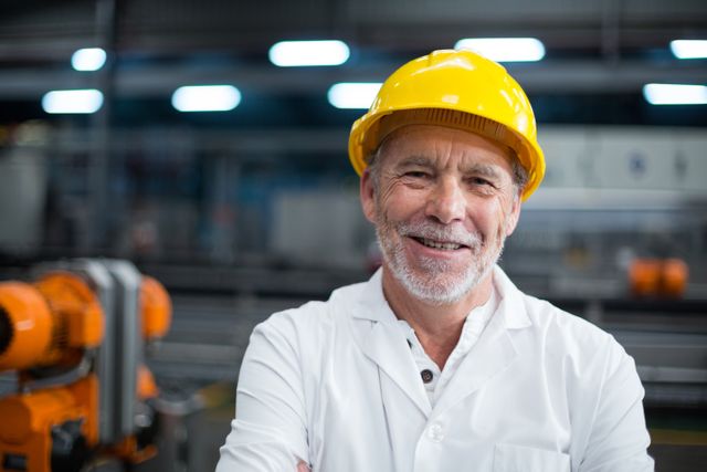 Senior factory engineer wearing a hard hat and white coat, smiling confidently in a bottle factory. Ideal for use in industrial, manufacturing, and engineering contexts, showcasing professionalism, safety, and expertise in the workplace.