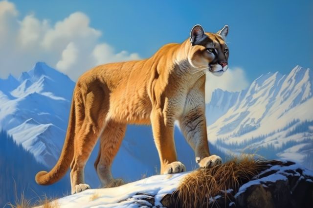 A majestic mountain lion stands atop a snowy ledge, outdoor. Its gaze is fixed intently on the distance, highlighting its role as a predator in the wild.