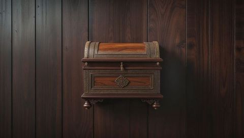 Vintage ornate wooden chest with metal filigree on wood wall