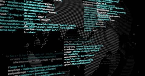 Dotted digital globe pulsing with code overlay for cybersecurity and data visualization