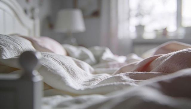 Soft pastel bed linen ruffled duvet and pillows reflecting morning light cozy bedroom