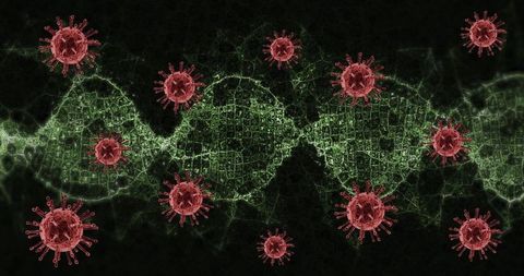 Virus cells interacting with dna strands in digital graphic