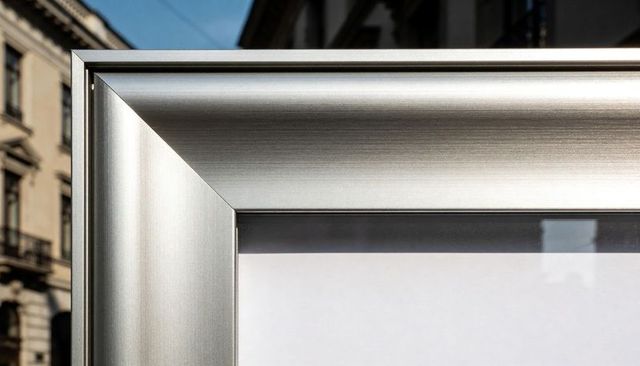 Brushed aluminum frame corner with glass and white backing for urban storefront display