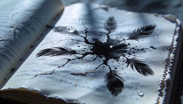Ink feather burst on vintage deckled journal page with sunlight and shadows