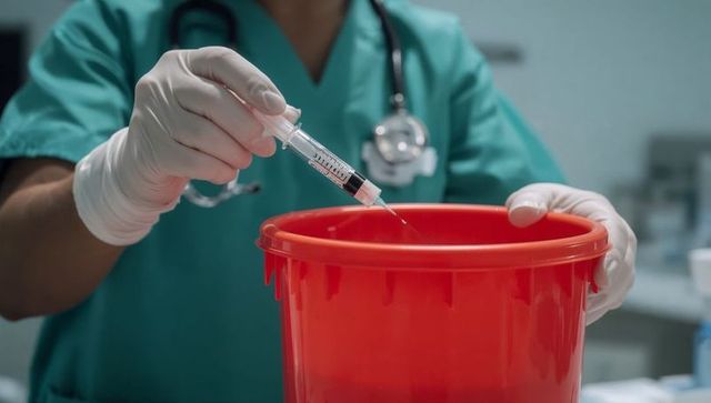 Nurse discarding syringe into red sharps container in clinical environment