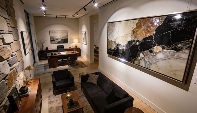 Contemporary living room with large abstract marble artwork and charcoal sofa, midcentury