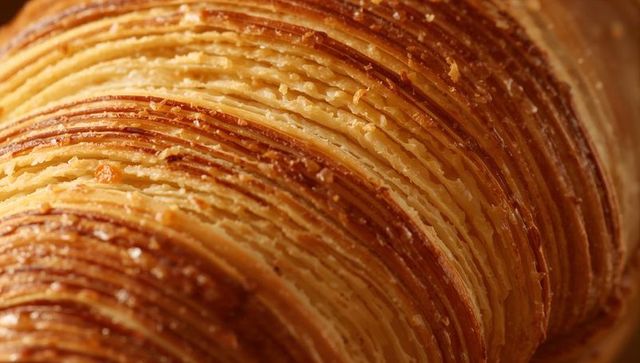 Macro close-up of flaky laminated croissant layers with golden buttery crust and crumbs