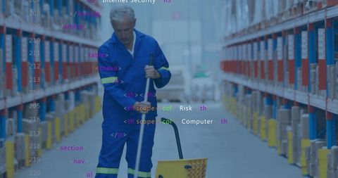 Warehouse custodian mopping aisle with code overlay