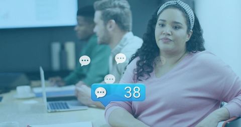 Office Team Discussion with Chat Overlay in Modern Workspace