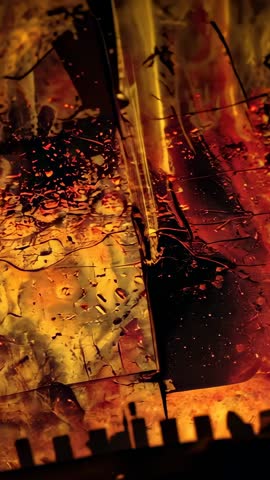 Tilting Vertical Video Revealing Backlit Condensation on Textured Panel with Amber Glow