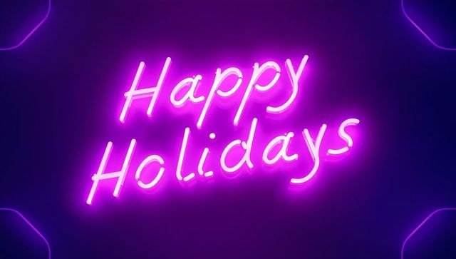 Neon happy holidays sign glowing magenta on deep purple gradient background with soft accents