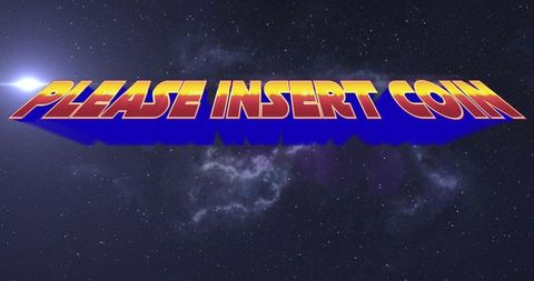 Retro arcade text in outer space with please insert coin message