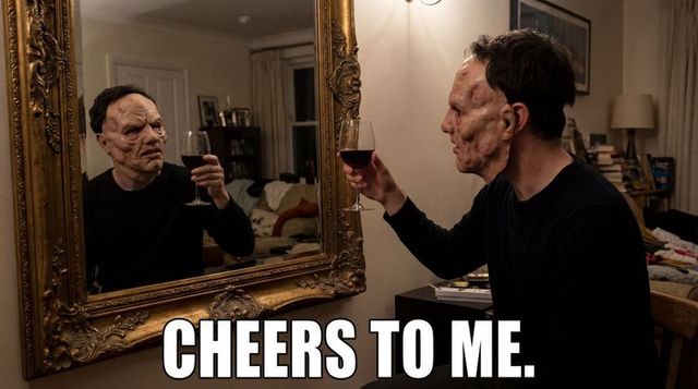 Scarred man raising wineglass to mirror with cheers to me caption in moody living room