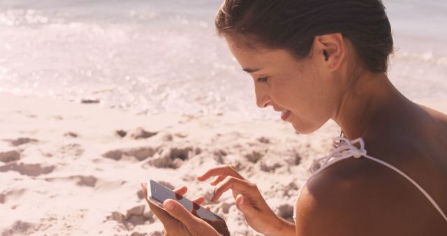 Woman Relaxing on Beach Using Smartphone - Download Free Stock Images Pikwizard.com